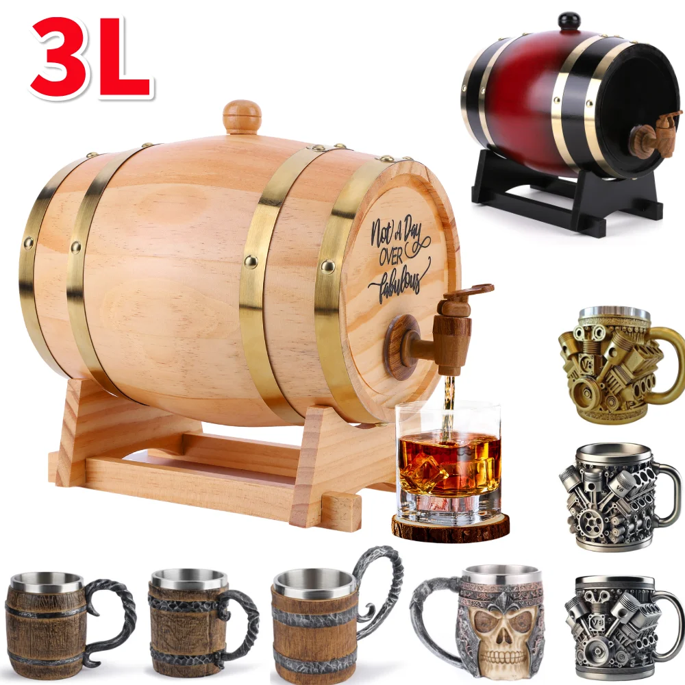 Wine Beer Rum - 3L木製ウイスキー樽、スタンド、栓、注ぎ口付きワイン樽、ウイスキー樽ディスペンサー、カクテル、バーボン、ラム、テキーラ、ビール用