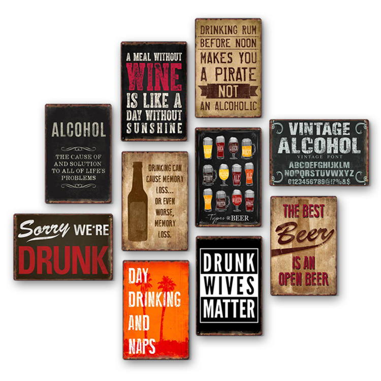 Wine Beer Europe - ヴィンテージビール/赤ワインをテーマにしたブリキ絵、アメリカンスタイルの楽しいコピーライティング、バーの背景壁装飾