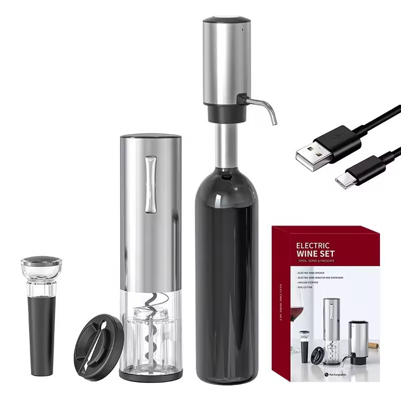 Bottle Stopper Set - 2024 新デザイン 4-in-1 リチウム充電式電気ボトルワインオープナーセット、ワインエアレーター注ぎ口、ホイルカッター、ワインストッパー