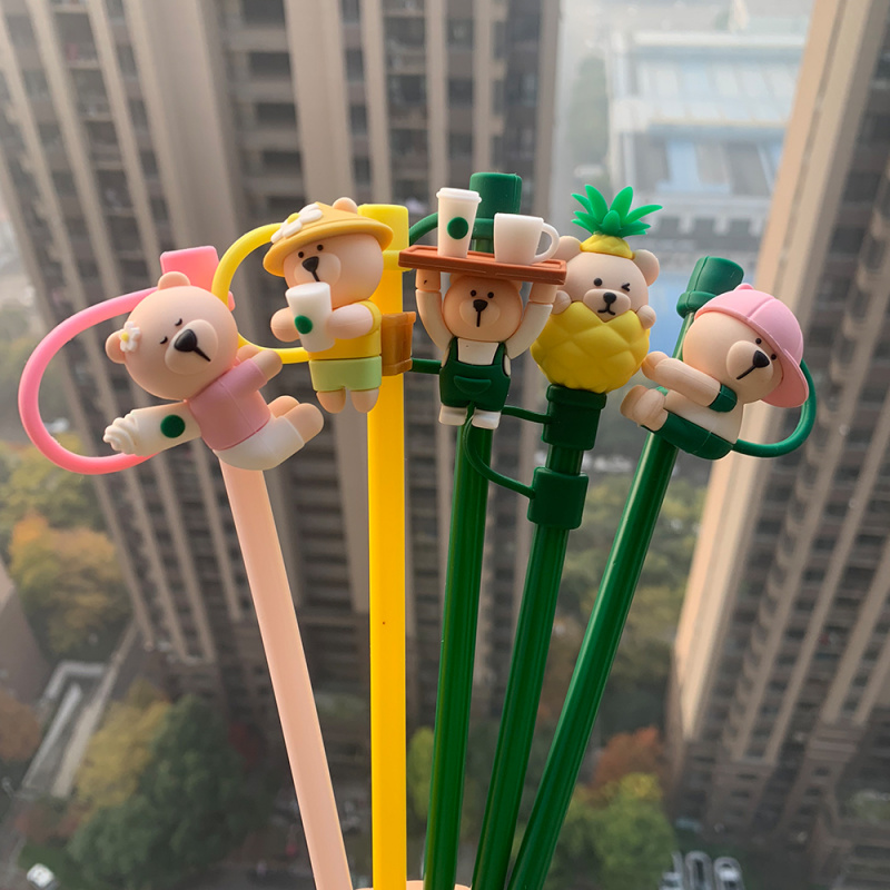 Bottle Stopper Set - クリエイティブシリコーンストローストッパー再利用可能な防塵キャップガラスカップアクセサリー漫画ストッパーカバーキッチンバーツール 5 ピース/セット