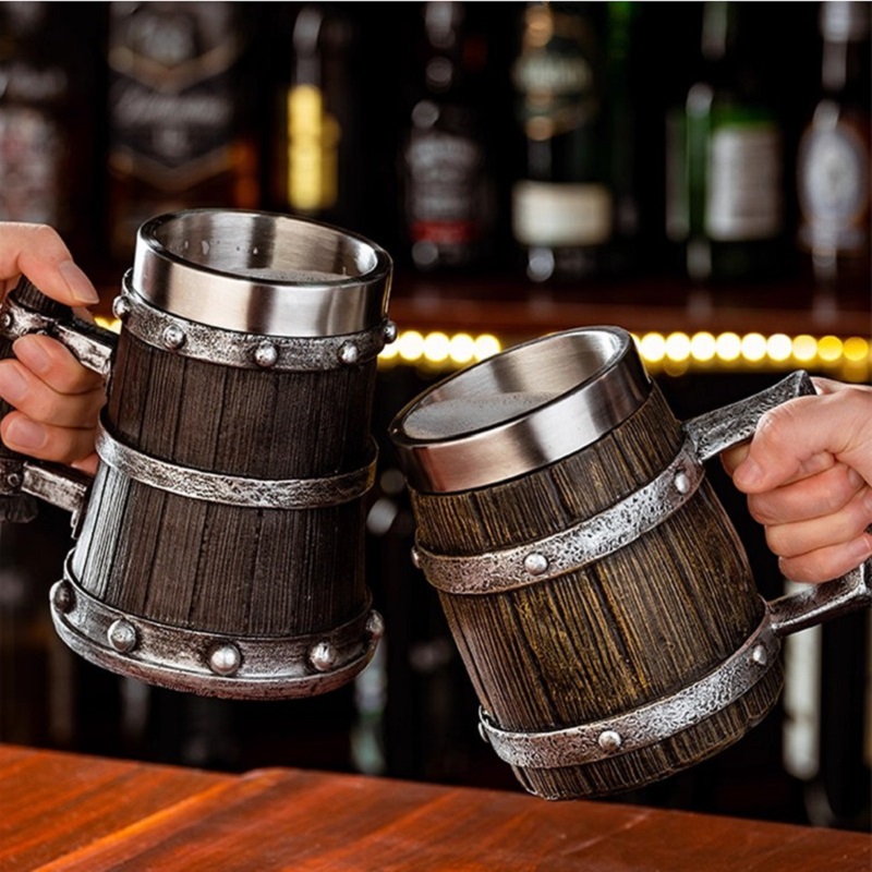 Wine Beer Europe - バイキングウッドスタイルビールマグ600ml 3D樹脂コーヒーカップワイングラスメタル二重壁ビールジョッキカップ保温カクテルアクセサリー