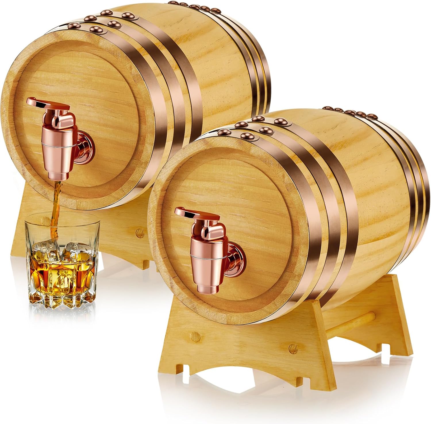 Wine Beer Rum - 2パック 2リットル木製樽型ディスペンサー スタンド付き ヴィンテージ木製ビール・テキーラ・ラム・ウイスキー熟成ホルダー ワインデカンター 家庭用バー・カウンタートップ・パーティーテーブルデコレーション